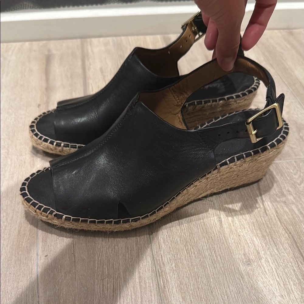 Clarks Black Leather Espadrille Wedges
